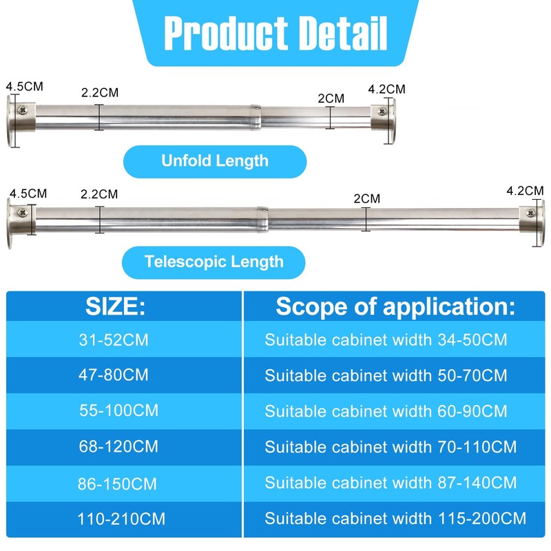 Wardlock 31cm-52cm Extendable Stainless Steel Wardrobe Rail, Adjustable Clothes Rail