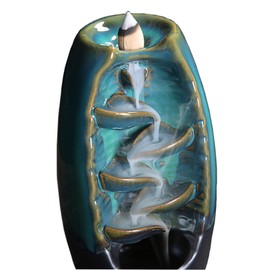 xunfu Backflow Incense Burner, Incense Waterfall Ceramic Incense Burner with 60 Incense Cones Backflow and 1 Mat, for Aromatherapy Ornament, Home Decor, Blue, Large
