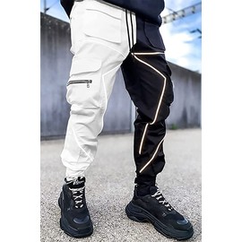 BOOMLEMON Men's Cargo Jogger Pants Reflective Technical Hip Hop Harem Pants Punk Streetwear Tactical Track Pants(Black White S)