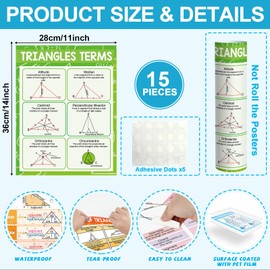 15Pcs Math Posters 14x11In Geometry Posters for Middle School Angles Triangles Trigonometry Educational Knowledge Poster for Middle High School Classroom Bulletin Board Wall Hallway Study Room Decor