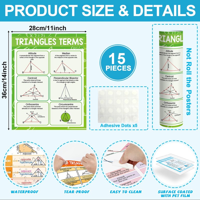 15Pcs Math Posters 14x11In Geometry Posters for Middle School Angles