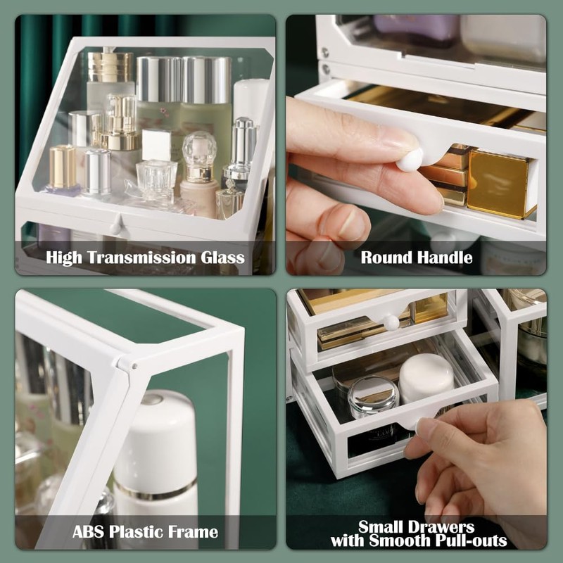 Haoh Glass Makeup Organizer Multi-Functional with Pearl Makeup Organizer with