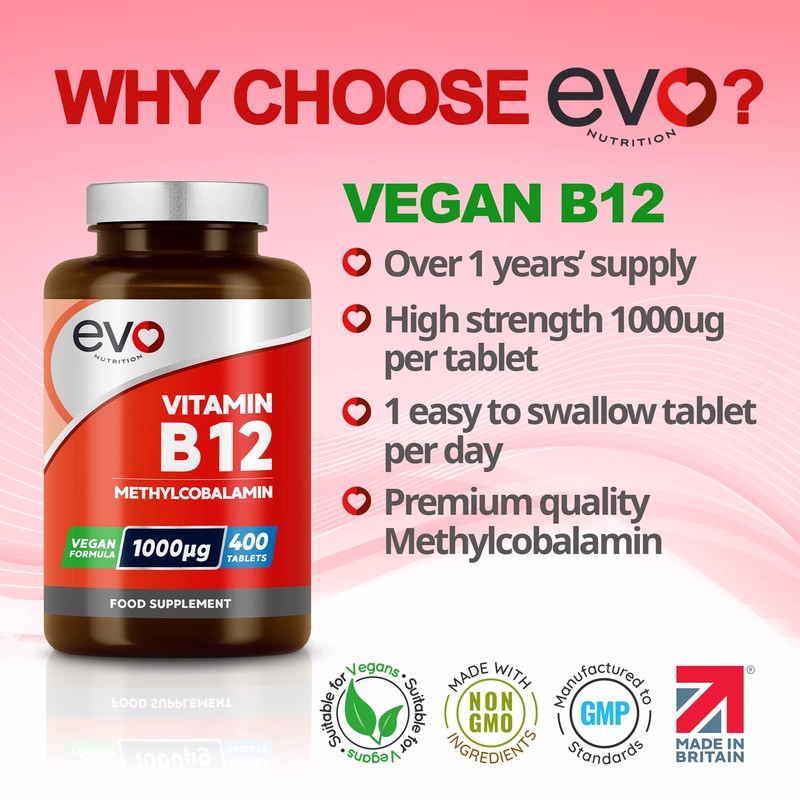 Vitamin B12 1000mcg Methylcobalamin | 400 Vegan Tablets | Reduction