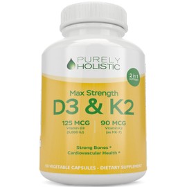 Purely Holistic Vitamin D3 125mcg and Vitamin K2 90mcg MK7-4 Month Supply 150 Vegetarian Capsules - Vitamin D3 & K2 Menaqunione - High Strength Cholecalciferol Made in The USA