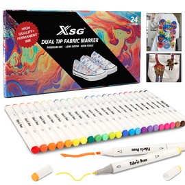 ABEIER Textile Pens, Machine Washable, Fabric Colouring Pens, Waterproof Textile Markers, 24 Colours, Double Fibre Pens, Fabric Paints, Washable, Textile Colours, Fabric Pens for T-Shirts, Bibs, Jute Bags