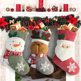 Fruasio 18.5 Inch Christmas Stockings for Hanging Set for 3, Large Xmas Fireplace Mantel Socks with Snowman, Reindeer & Santa, Classic Holiday Hanging Decorations for Home, Party & Gift Stuffers