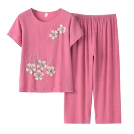 FindThy Women’s 2 Piece Linen Outfits Short Sleeve Floral Print Lounge Sets Crewneck Summer Suits(1781-01Pink-S-LB)