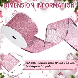 2 Rolls 20 Yards Christmas Ribbon Wired Metallic Ribbons Champagne Glitter Lace Ribbon for Xmas Crafts Valentine Floral Bow Making DIY Gift Wrapping Wedding Party Decor (Pink,2.5 Inch)
