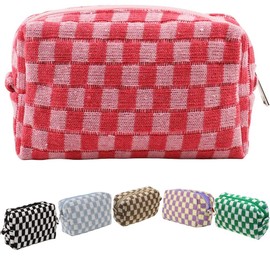 1Pc Checkered Makeup Bag Knitted Cosmetic Bag,Large Capacity Makeup Bag Pencil Case Makeup Brush Storage Bag Knitted Toiletry Bag,Plaid Cosmetics Bags,Checkered Pencil Case Makeup Organizer Bag,Pink