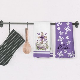 VRW He is Risen Easter Kitchen Dish Towels Set of 2, Purple Floral Christian Lamb Hand Tea Towels for Kitchen Bathroom Decorations, Easter Christian Decor Towels Gifts, 16x24 Inches