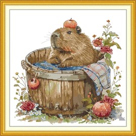 CROSSDECOR Stamped Cross Stitch Kits Full Range of DIY Needlepoint for Adult Beginners Pattern, for Gift and Home Decor 14CT 2 Strands Capybara,15.35×15.35 inch