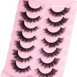 Kiromiro Fluffy Lashes False Eyelashes Cat Eye Faux Mink Lashes Fluffy Wispy Strip Lashes 6D Volume Fake Lashes Natural Look Eye Lashes Pack 7 Pairs
