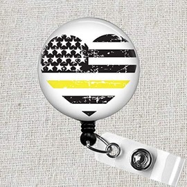 Thin Gold Line Badge Reel, First Responder Yellow Line ID Holder, 911 Police Dispatcher Gold Flag Badge Clip