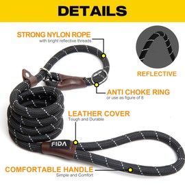 Fida Fida Durable Slip Lead Dog Leash, 6 FT x 1/2" Heavy Duty Comfortable Strong Rope Leash for Large, Medium Dogs, No Pull Pet Training Leash with Highly Reflective, Black