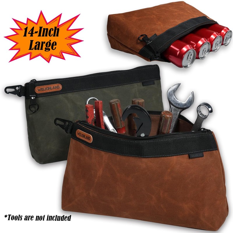 WELKINLAND 2-Pack Heavy-Duty Waxed Canvas Tool Pouches, 14-Inch Zippered Tool