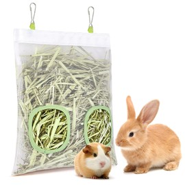 ducyak Mesh Guinea Pig Hay Feeder Bag for Guinea Pigs Rabbits Chinchillas, Hanging 2-Hole Hay Dispenser Breathable Wear-Resistant (White)