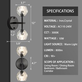 HAIXIANG 20W LED 2 Packs Wall Sconces Crystal Glam Wall Light Interior Lighting for Dining Living Bedroom Wall Black Vanity Lighting Fixture with 3000K Warm Light G9 Bulbs