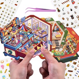 8 Sets DIY 3D Fun Mini House Scenes Stickers with Tweezers Make Your Own Music Box Forest Study Room Hamburger House Stickers ScenesCute Micro Room Craft Stickers for Relief Stress Pass The Time