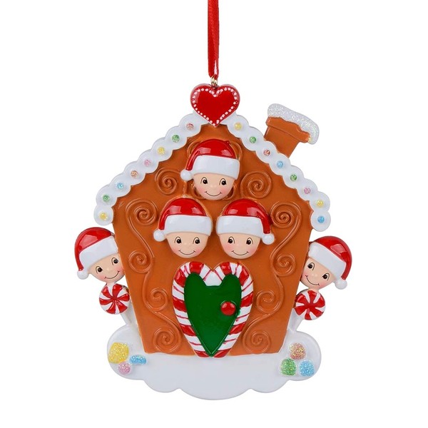 Gingerbread House Personalized Family of 5 Ornament for Christmas Tree