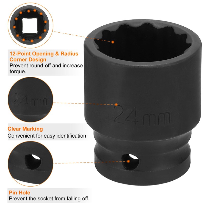 sourcing map 12-Point Impact Socket 1/2 Inch Drive 24mm Metric