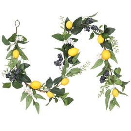 GarveeHome 6 FT Artificial Lemon Garland, Summer Spring Fake Fruit Garlands with Lemons, Blueberries, Greenery Leaves and White Flowers, Faux Vine for Front Door, Fireplace, Mantel, Stair