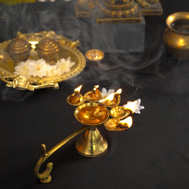 Traditional Brass Panch Aarti Diya for Puja Essential Pooja Article