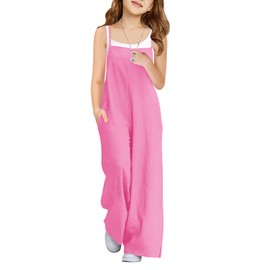 Haloumoning Girls Wide Leg Jumpsuit Kids Casual Sleeveless Romper Spaghetti Strap Overalls with Pockets and Side Slit