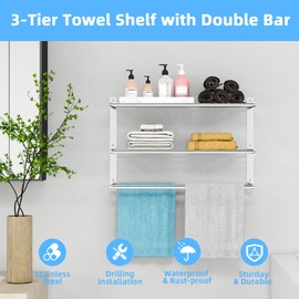 KLJKPA 24 Inch Towel Racks for Bathroom Wall-Mount, 3-Tier, Brushed Nickel