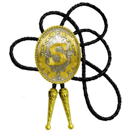 Golden Western Bolo Tie Initial Letter A to Z in Round Flower Cowboy with Cowhide Rope Necktie, S, Small