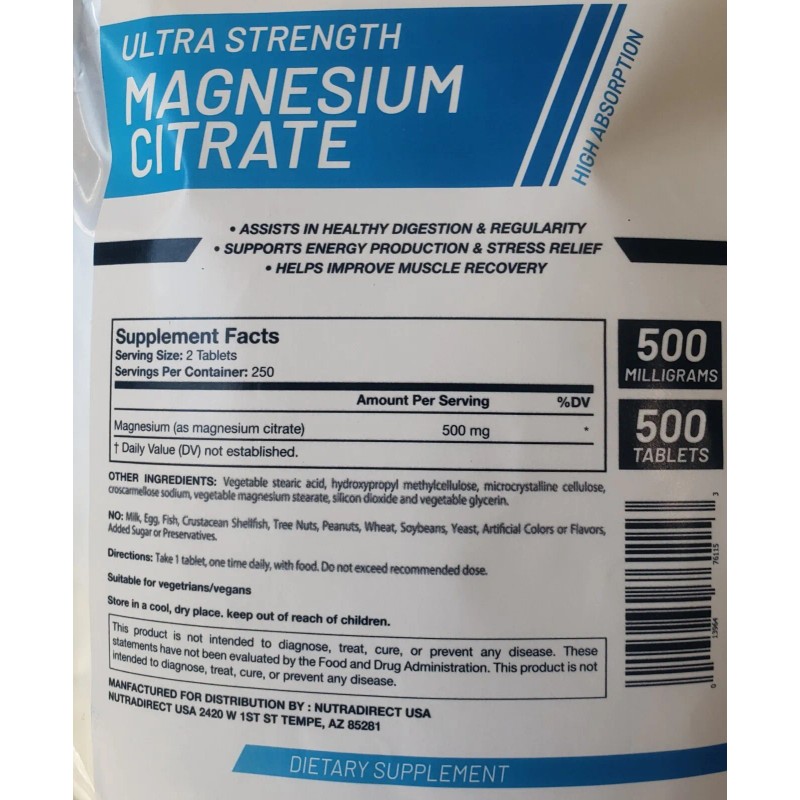NutraDirect Magnesium Citrate 500mg - 500 Tablets EXP: JUNE 2026