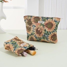 BOCGRPU 2 PCS Makeup Bag Set，Portable Cosmetic Bag for Purse ，Large Storage Capacity Toiletry Bag Make up Organizer，Travel Pouch with Zipper for Women, (Sunflower Oil Painting)