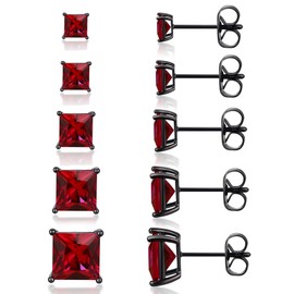 MDFUN Earrings for Men 316L Stainless Steel 5 Pairs Stud Set 3/4/5/6/7MM Square Princess Cut Red Crystal Ear Piercing Black Gold Plated Hypoallergenic Jewelry for Cartilage Women (Created Ruby)