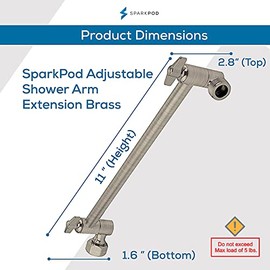 SparkPod Brazo de extensión de cabezal de ducha de latón macizo de 11 pulgadas - Brazo de extensión de ducha de altura y ángulo ajustable y flexible para cabezales de ducha de lluvia con bloqueo