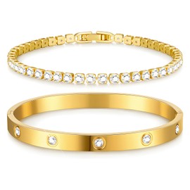 MOTIBACK Gold Bracelet 2pcs Set – Crystal Zircon Gold Bangle Cuff & Cubic Zirconia Tennis Bracelet, Elegant Layered Dainty Chain Jewelry Gift Set for Women & Girls