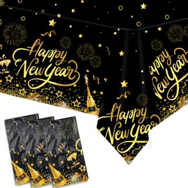 HOWAF 3 Pack New Year Party Decoration Table Cover, Black and Gold Happy New Year Tablecloth for New Year Eve's Party Supplies, Plastic Tablecloths Gold Star Fireworks Pattern for 2025 New Year Favors