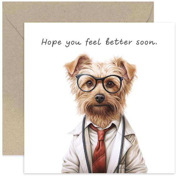 Old English Co. Cute Get Well Card for Him or Her - Adult or Child Get Well Card - Terrier Dog Design - Feel Better Card for Accident, Surgery, Discomfort, Blank