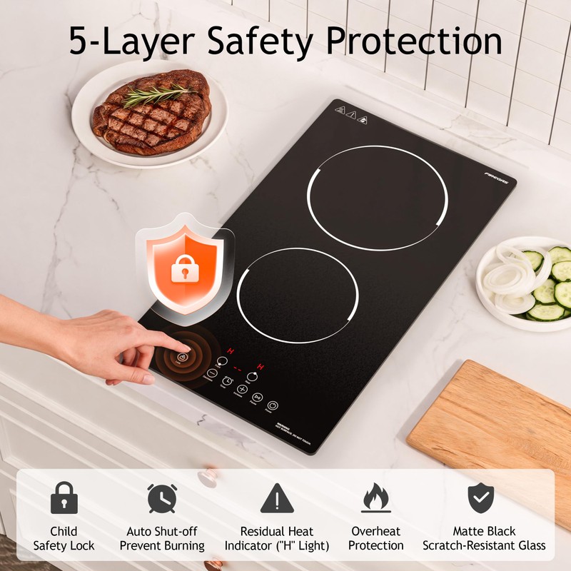 FIREGAS 12 Inch Built-in Electric Cooktop, 2 Burner 3000W, Hardwired