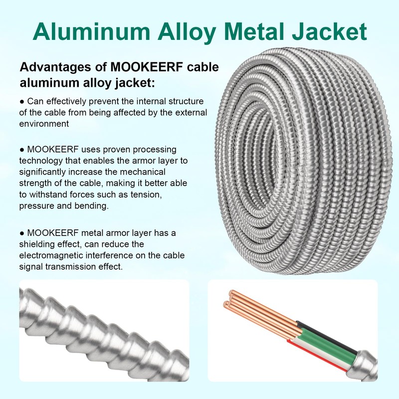 MOOKEERF 12/3 MC Cable with Ground - 25FT Pure Copper