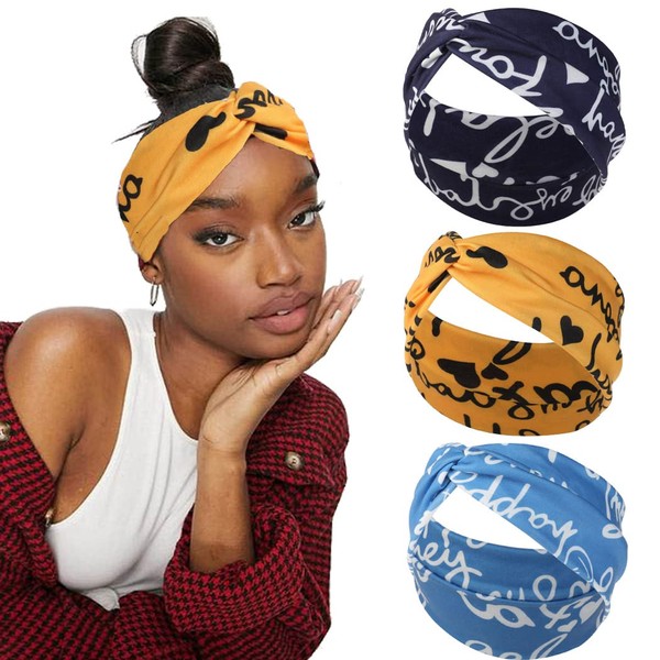 Fashband Boho Headbands, Elastic Women Headband, Blue Letter Print Hair Bands, Criss Cross Headscarf, Workout Yoga Hair Accessories for Women and Girls (Pack of 3)