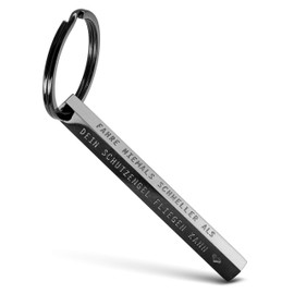 Fabach Cuboid Keyring "Fahre nie schneller als Dein Schutzengel fliegen kann” - Cuboid Car Key Chain "Drive Carefully" made of Stainless Steel - Stick Pendant with Guardian Angel Engraving, black