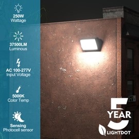 Lightdot 2Pack 250W LED Wall Pack Lights Commercial Grade | ETL Certified | 37,500Lm 5000K Daylight | Dusk-to-Dawn Photocell & Manual | IP65 Waterproof Anti-Vandal Design | 5-Year Warranty