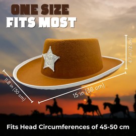 FNA FASHIONS Kids Cowboy Western Hat with Silver Sheriff Star Badge – Assorted Colors (Black or Brown) – Western Wild West Fancy Dress Accessory for Kids - 1 Unit Supplied