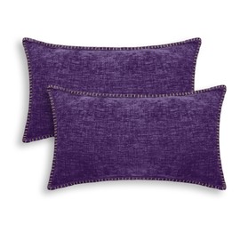 CaliTime Decorative Couch Throw Pillow Covers 12 X 20 Inches Pack of 2 Cotton Thread Stitching Edges Solid Dyed Soft Chenille Cushion Cases for Sofa Bed Living Room Farmhouse Plum Purple
