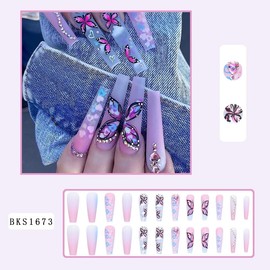 SUREGONAILS Acrylic Press on Nails Long Fake Nails, Heart Shape Gradient Colorful Butterfly False Nails with Designs Rhinestones, Coffin Nails Press ons Artificial Nails For Women Girls 24Pcs