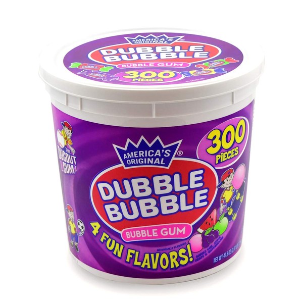 Tootsie Roll Dubble Bubble Halloween Size - 300 Count Resealable Tub of Individually Wrapped Fruit and Bubble Gum - Original, Watermelon, Apple and Grape Flavors - Peanut and Gluten Free, 47.6 Ounce