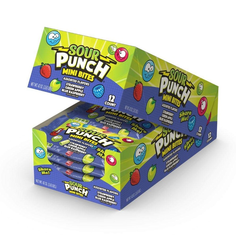 Sour Punch, Bites Strawberry Apple Blue Raspberry Flavors Chewy Candy