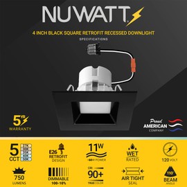 NUWATT 4 Pack, Black 4 Inch LED Ceiling Light Square Retrofit Can Light, 5CCT 2700K/3000K/3500K/4000K/5000K Selectable, 750 Lumens, 11W, Dimmable, ETL ES JA8 T24 Compliant, Wet & IC Rated