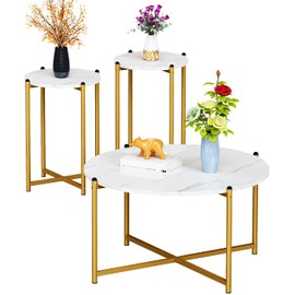 Recaceik Living Room Coffee Table Set, Faux Marble Living Room Table Set of 3 Modern Round Center Table with Metal Legs, Round Coffee Table & 2 End Tables for Living Room