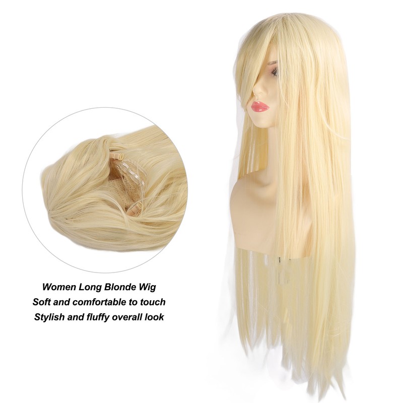 Women Long Blonde Wig with Bangs Synthetic Secure Fit Heat
