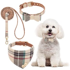 BINGPET Bow Tie Dog Collar with Leash Set - Cute Adjustable Classic Plaid Dog Bandana Collar with Bell, Fit for Small Dogs, Puppies and Cats Outdoor Walking